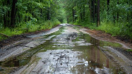Scenic view of the forest road with water pits after rainfallの素材