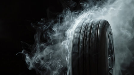 Dynamic image of spinning car tires emitting smoke against a black backdrop. A wider shot showing the excitement and energy of high-speed action.の素材
