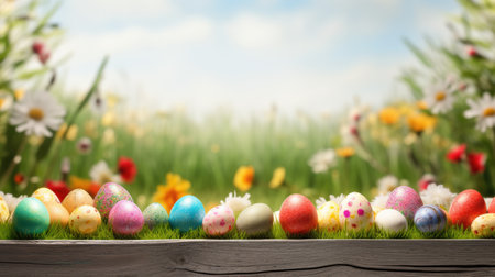 A different angle of empty wooden table with colorful Easter eggs on a vibrant grass meadowの素材