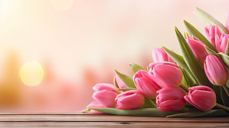Beautiful tulip bouquet on a wooden table against a pink bokeh background, perfect for love celebrations.の素材