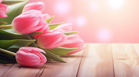 Beautiful tulip bouquet on a wooden table against a pink bokeh background, perfect for love celebrations.の素材