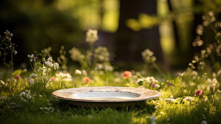 Close-up of an empty plate on a table against a garden bokeh backgroundの素材