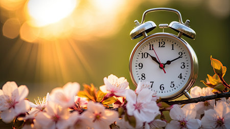 Springtime concept with an alarm clock against a blossoming tree, symbolizing renewalの素材