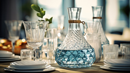 Glasses and water decanter in a unique close-up perspective, evoking culinary delight.の素材
