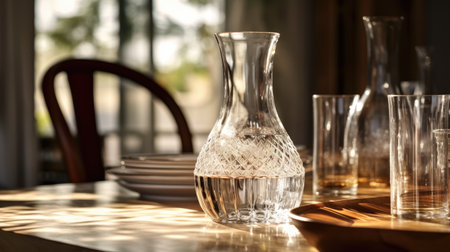 Glasses and water decanter in a unique close-up perspective, evoking culinary delight.の素材