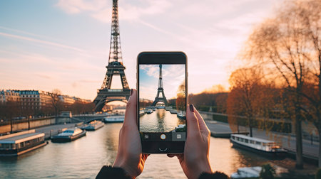 A close-up of a woman using her mobile phone with the iconic Eiffel Tower in the background, capturing the modern traveler's experienceの素材