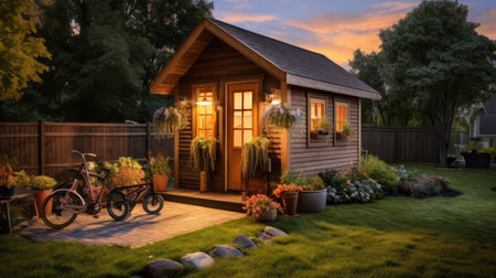 Backyard Tranquility - Small Wooden House Shed for Garden Toolsの素材
