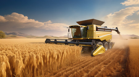 Front View of our Big Modern Combine Harvester in a Golden Wheat Fieldの素材