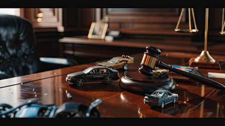 Tabletop scene depicting crashed autos in a courtroom, highlighting a gavel and toy car modelsの素材