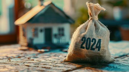Money bag 2024 alongside a miniature house, symbolizing family budget planning for the upcoming year.の素材