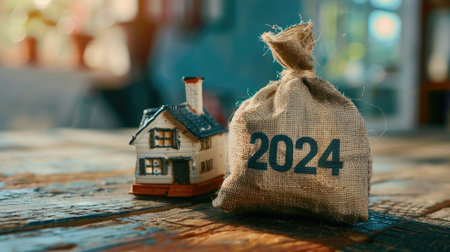 Money bag 2024 alongside a miniature house, symbolizing family budget planning for the upcoming year.の素材