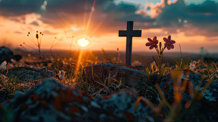 Serene image of an empty grave with a crucifix at dawn, symbolizing the Resurrection of Jesusの素材