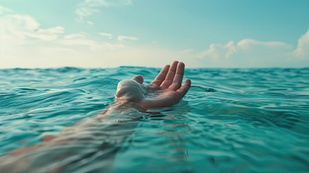 hand reaching out in the sea, symbolizing the need for help and supportの素材