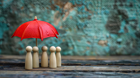Striking image of red toy umbrella and wooden doll figures isolated, symbolizing insurance coverageの素材