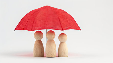 Striking image of red toy umbrella and wooden doll figures isolated, symbolizing insurance coverageの素材