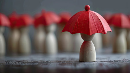 Striking image of red toy umbrella and wooden doll figures isolated, symbolizing insurance coverageの素材