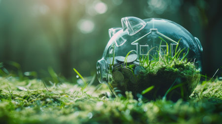 Creative image of savings on buying a house with grass growing in the shape of a house inside a transparent piggy bank.の素材