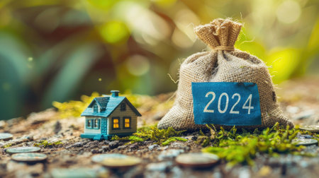 Money bag 2024 alongside a miniature house, symbolizing family budget planning for the upcoming year.の素材