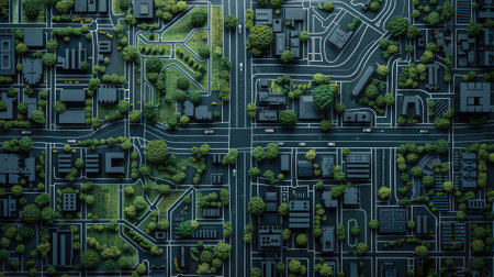 cadastral map with buildings, roads, and free green land for construction.の素材