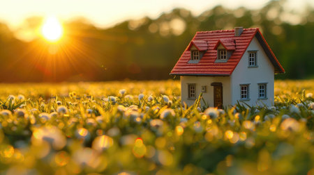Enchanting composition featuring a house vision on a green meadow, embodying the concept of a dream home in a tranquil and nature-centric environment.の素材