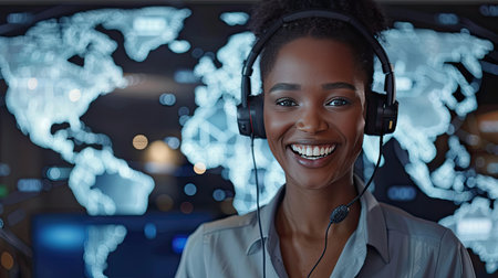A smiling woman customer service operator with a headset isolated on an international map background.の素材