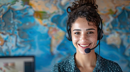 A smiling woman customer service operator with a headset isolated on an international map background.の素材