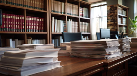 Office Organization: Stacks of files and documents in an office setting with bookshelves in the backgroundの素材
