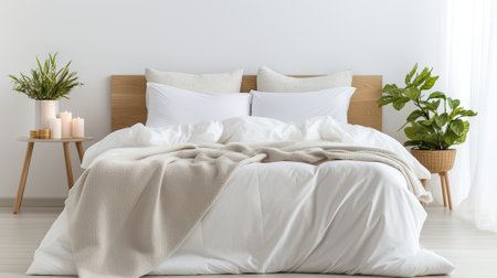 Elegant bed with soft white blanket, linens, and pillows, creating a top-view scene of a peaceful and inviting bedroom.の素材