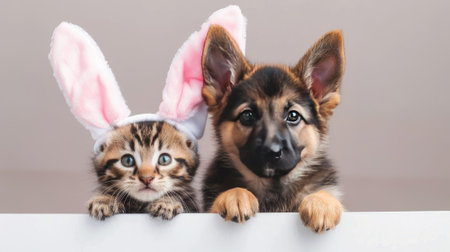 Easter Companionship! Cute Kitten and Puppy in Bunny Ears.の素材