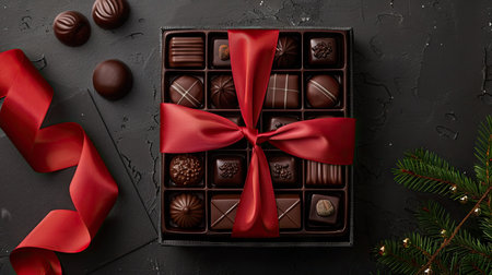 Chocolates in a Box with a Festive Red Bow. Elegant Presentation for Gifting Premium Delights and Celebrating Special Occasionsの素材