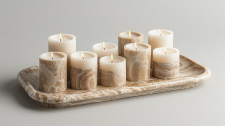 Natural eco home decor with and burning candle on tの素材