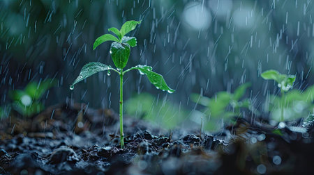 Closeup of a young sprout in the rain, capturing the beauty of growth and freshnessの素材