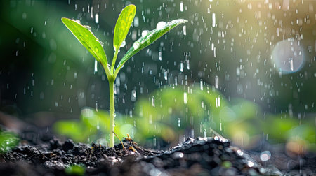 Closeup of a young sprout in the rain, capturing the beauty of growth and freshnessの素材