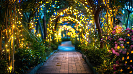 Step into a magical night garden! Abstract bokeh creates an enchanting and ethereal atmosphere.の素材