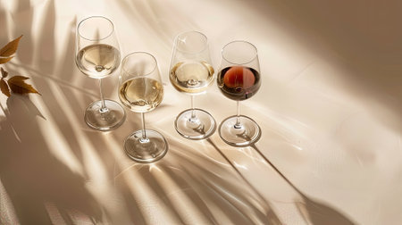 Glasses of red, rose and white wine with sunshine shadow effect. Concept of wine tasting. Flat lay, top view, copy space. Banner.の素材