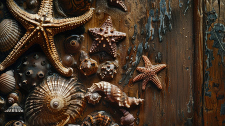 marine still life with an empty paper sheet and seashells, capturing the charm of beach treasures and rustic coastal decorの素材