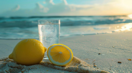 a glass of water and lemon on the sandy seashoreの素材