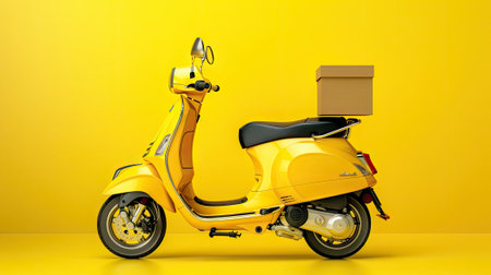 delivery scooter carrying a food box on a vibrant yellow background.の素材