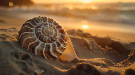 Immerse yourself in coastal serenity with our soft sunset images. Discover nautilus sea shells on a golden sand beach, the waves caressed by the warm hues of sunset. Perfect for tranquil designsの素材