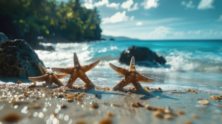 Immerse yourself in a tropical paradise-starfish, sandy beach, and ocean, captured in stunning detail with shallow depth of fieldの素材