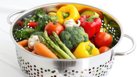 Our stock photo showcases a steamer filled with various vegetables, isolated on white. Elevate your culinary projects with images of nutritious, colorful mealsの素材