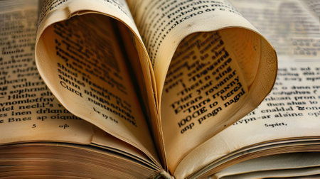 Our stock image features book pages curved into a heart shape, a romantic symbol perfect for bookish designs and sentimental gesturesの素材