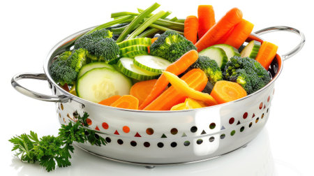 Our stock photo showcases a steamer filled with various vegetables, isolated on white. Elevate your culinary projects with images of nutritious, colorful mealsの素材