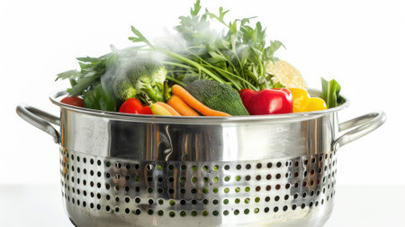 Our stock photo showcases a steamer filled with various vegetables, isolated on white. Elevate your culinary projects with images of nutritious, colorful mealsの素材