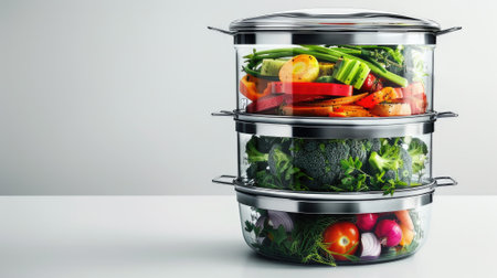 Our stock photo showcases a steamer filled with various vegetables, isolated on white. Elevate your culinary projects with images of nutritious, colorful mealsの素材