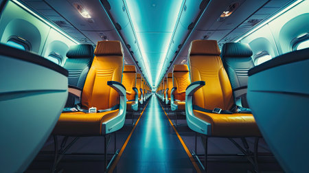 Our stock image captures modern seats on an airplane, providing a unique perspective of the interior corridor. Experience contemporary travel with comfort and styleの素材