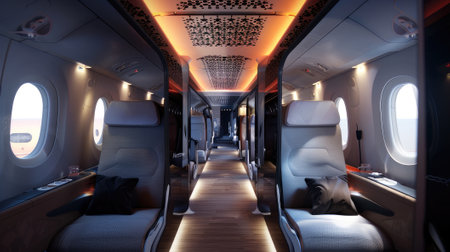 Our stock image captures modern seats on an airplane, providing a unique perspective of the interior corridor. Experience contemporary travel with comfort and styleの素材