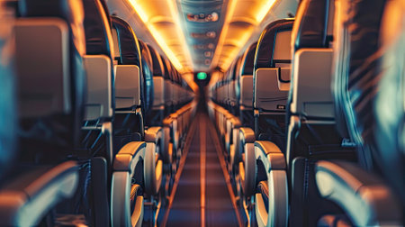 Our stock image captures modern seats on an airplane, providing a unique perspective of the interior corridor. Experience contemporary travel with comfort and styleの素材