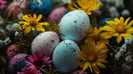 Our stock image features a congratulatory background with vibrant Easter eggs and flowers-a festive composition perfect for conveying the joy of the seasonの素材