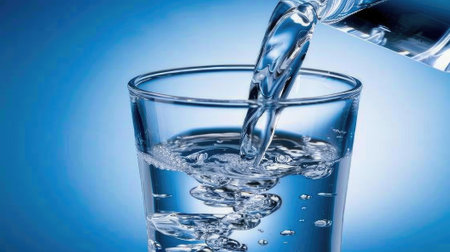 Our captivating image showcases fresh drinking water being poured into a glass against a serene blue background-an enticing visual promoting healthy hydrationの素材